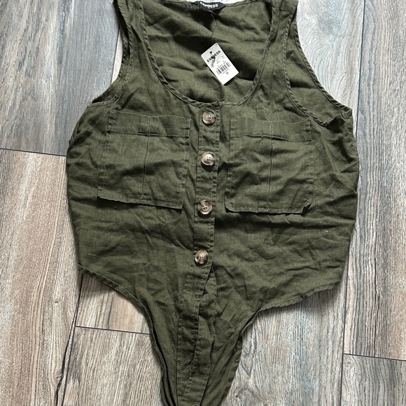 Express Tops - Express Olive Green Button-Front Tank Bodysuit